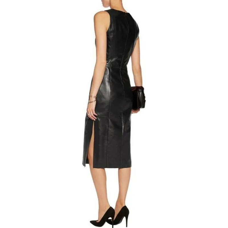 Women's Black Leather Dress 100% Sheepskin Evening Dress Women's Dress European and American Fashion Trend