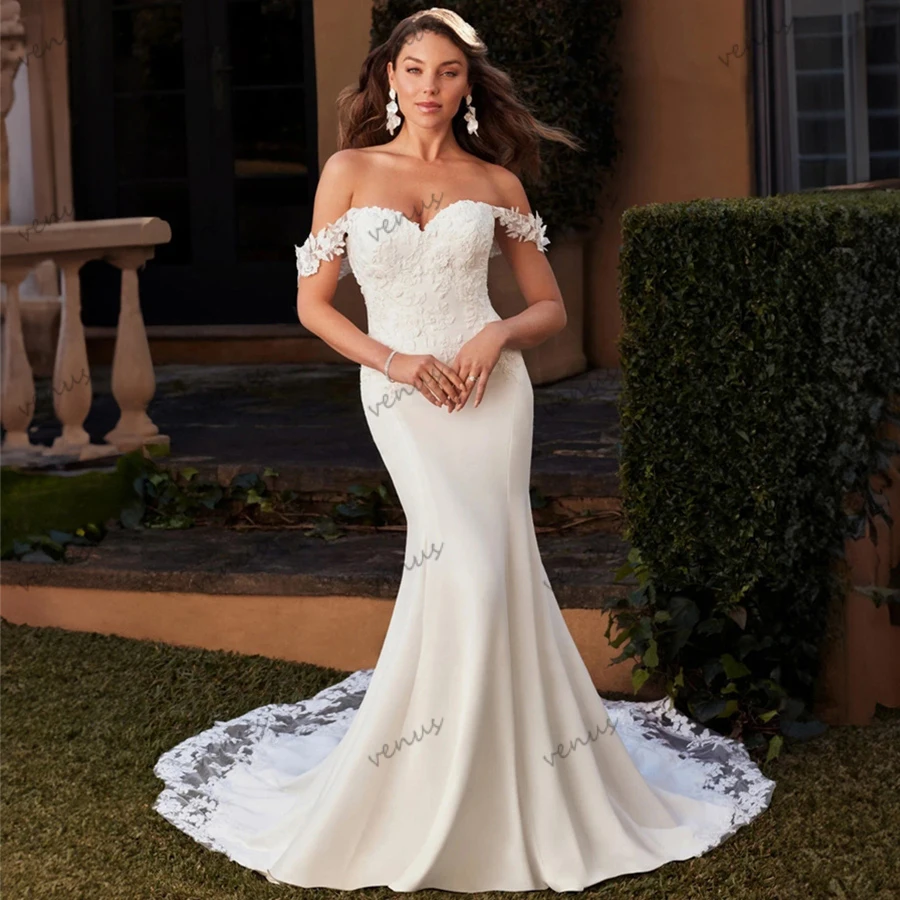 

Classic Wedding Dresses Satin Sheath Mermaid Lace Appliques Off The Shoulder Bridal Gowns Backless Graceful Vestidos De Novia