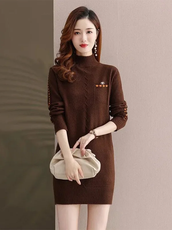 

Laid-ba Sle Женский вязаный длинный свитер Све Повседневная универсальная осенне-зимняя внутренняя одежда с высоким воротником Мягкая длинная одежда...