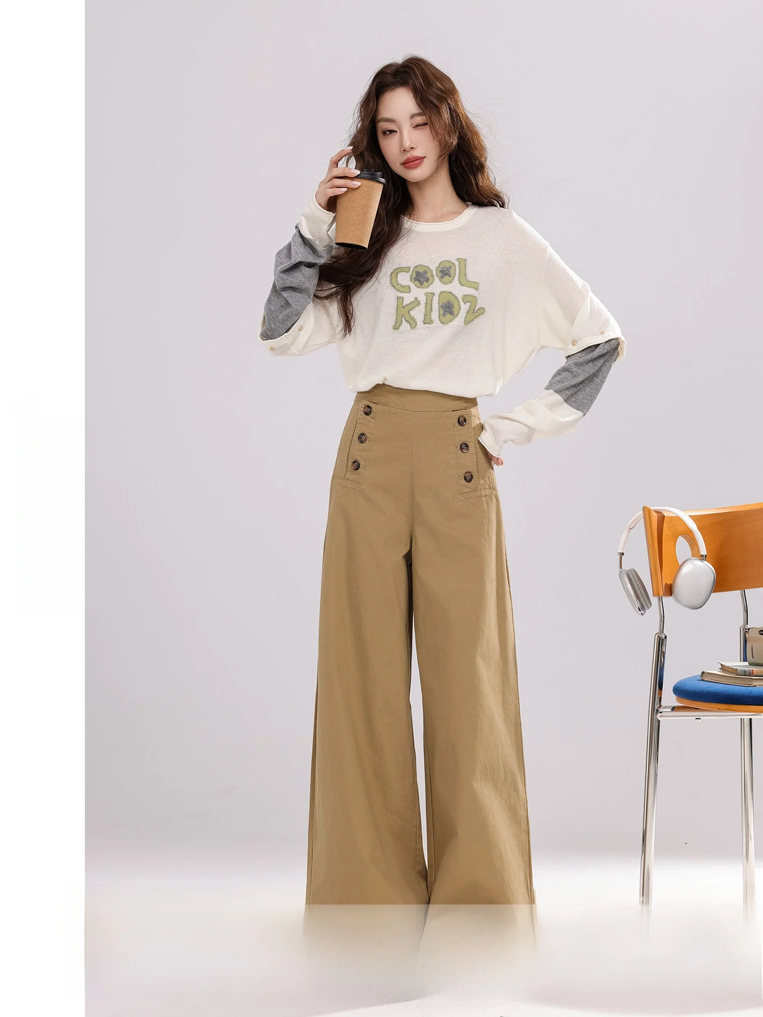 

Женские брюки с высокой талией и широкими штанинами, повседневные, с разноцветным дизайном, из хлопка, прямого кроя, осенние, новые, удобные, длинные брюки