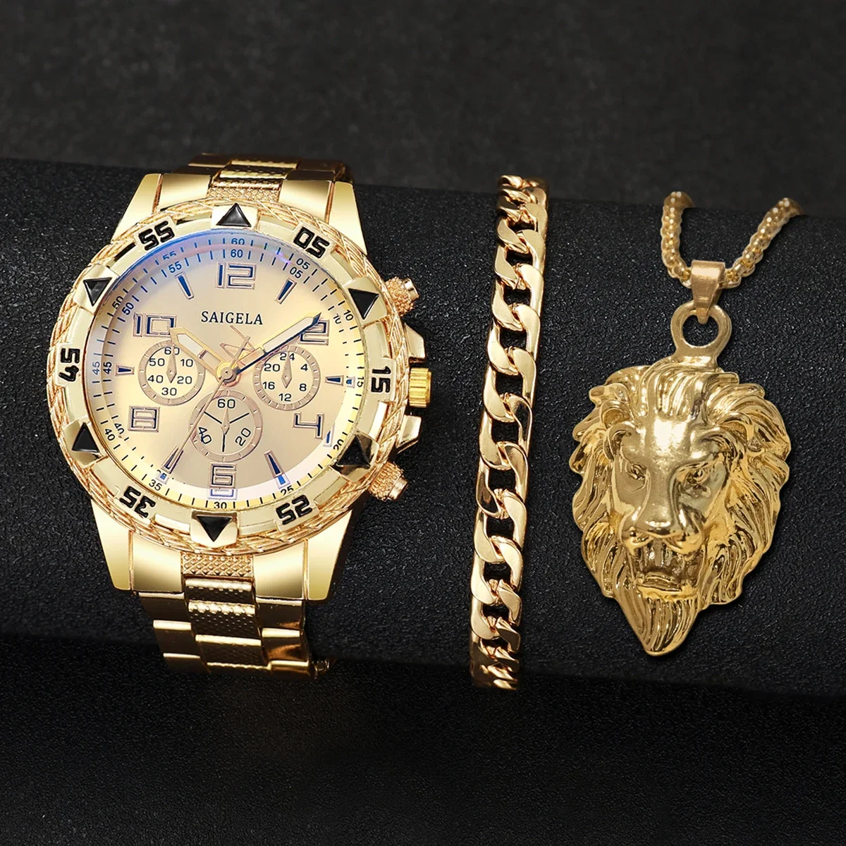 Pulseira de aço relógios para homens، Mostrador العربية، conjunto dejoias sem caixa، مودا، 3 قطع por conjunto #5