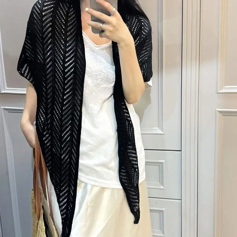 

Women's Knitted Hollow Large Triangle Scarf Knitted Shawl Sun Protection Pure Color Triangular Scarf