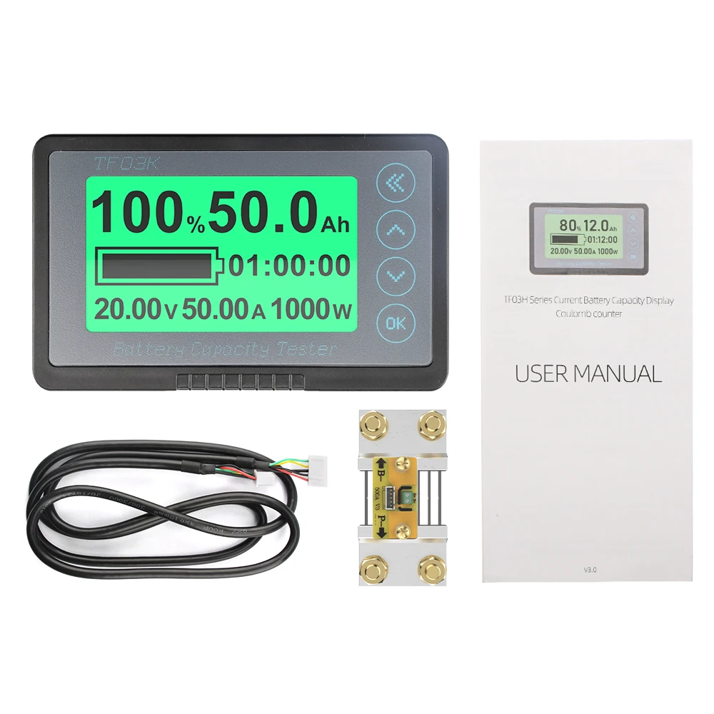 TF03K 8-120V 50A 100A 350A 500A Battery Capacity Tester Coulomb Counter Voltage Current Power Meter + External Sampler +1M Cable