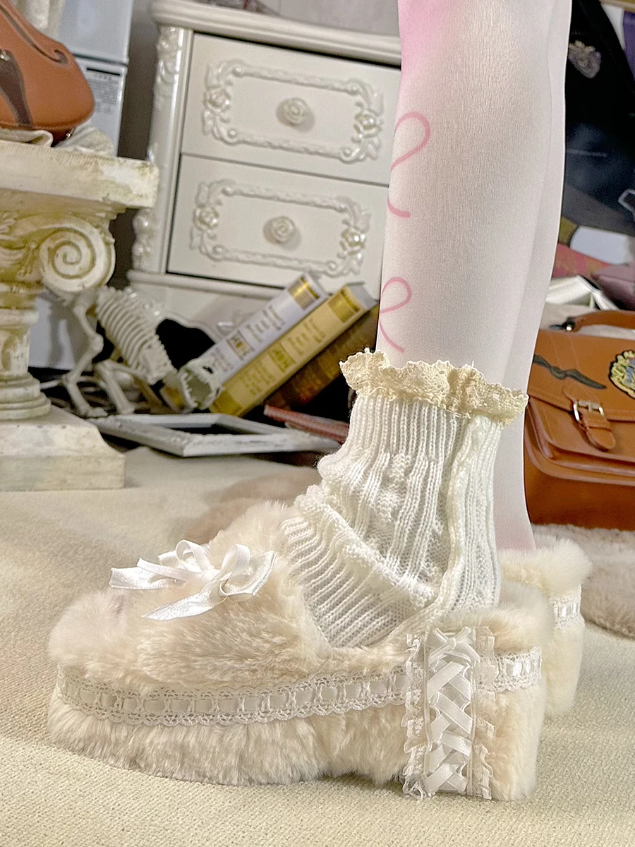 Pinkyo Original Velvet Bow Hairy Slippers Autumn Lolita Cute Sweet Thick Bottom Increased Headband External Slippers
