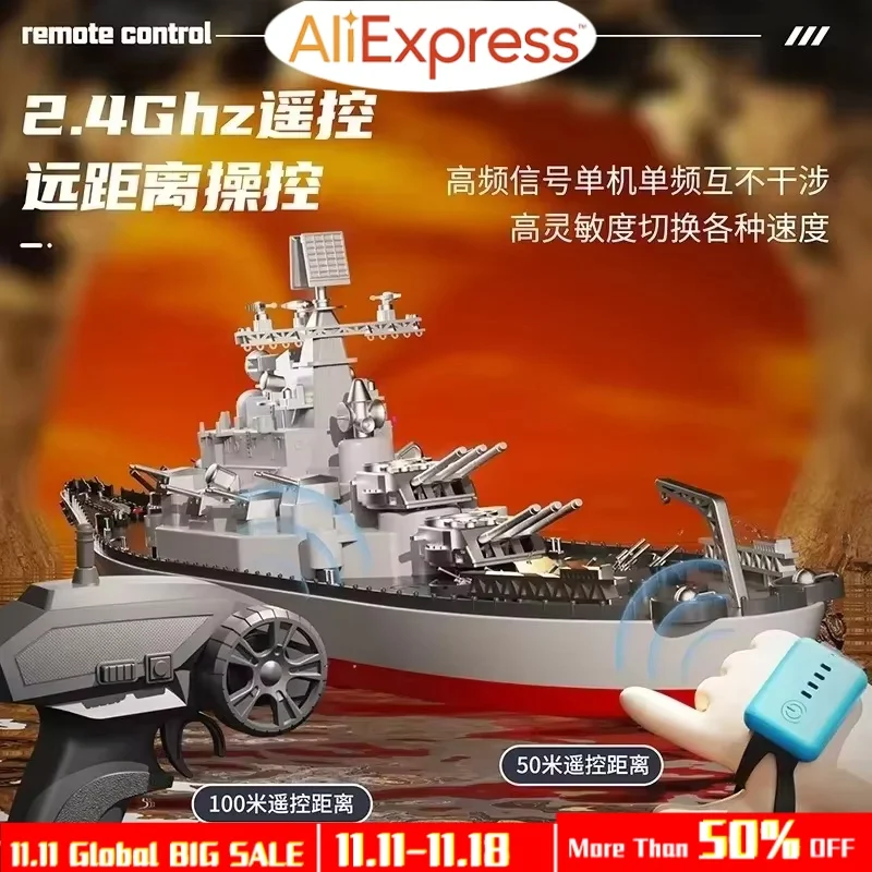 23.6inch Scale Rc Electric Battleship Warship Boats Large Ship Remote Control Simulation Battle Military Game Toy Boys Gif