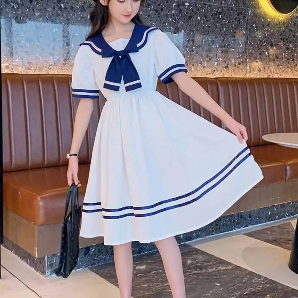 

Fashion Bow Girls Preppy Style Dress Pleated Party Summer Dresses Teenagers Beach Vacation Children Princess Dress Summer
