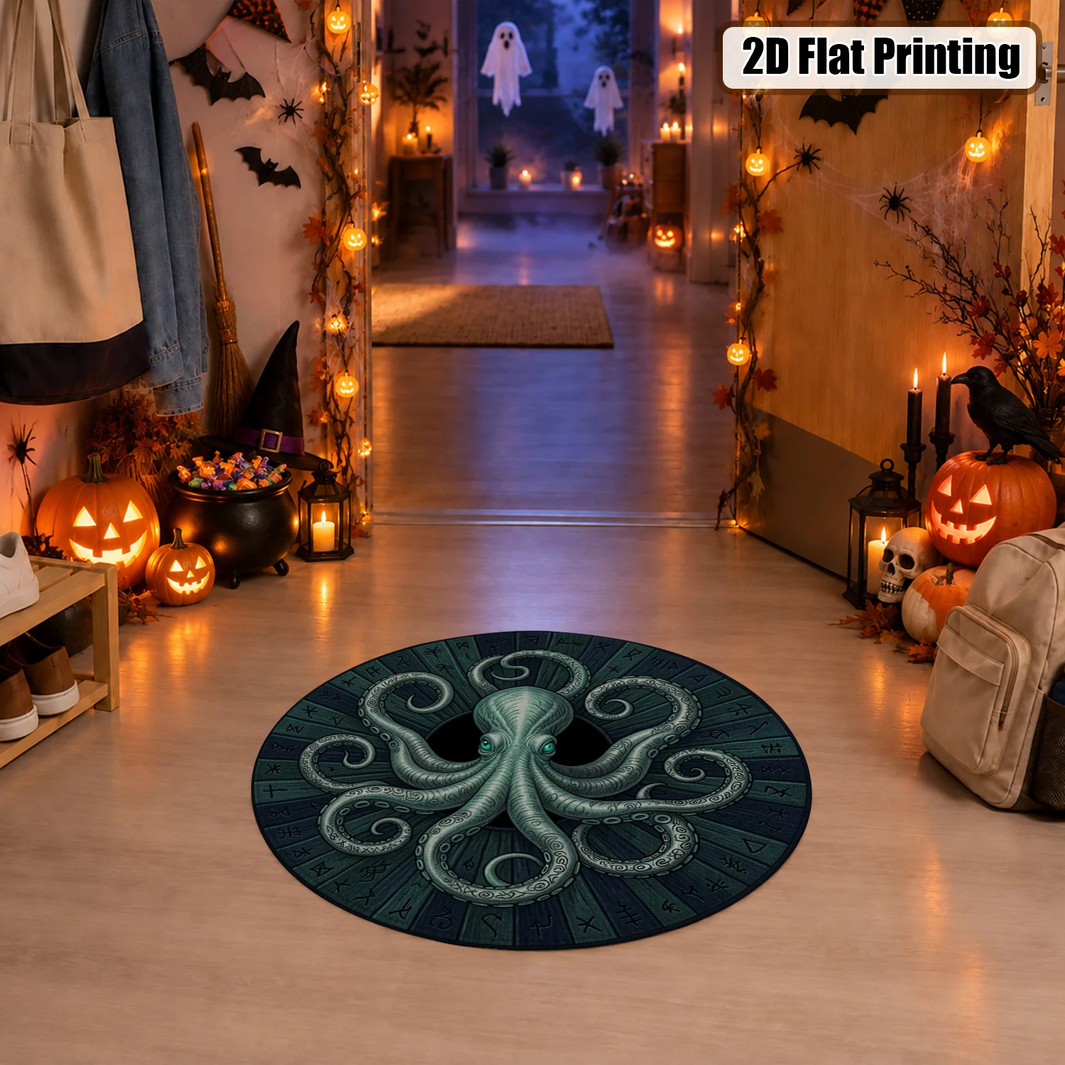 Octopus Rune Pattern Round Velvet Rug Machine Washable for Living Room Bedroom Dining Room Halloween Thanksgiving Christmas New Year Black Friday Cyber Monday