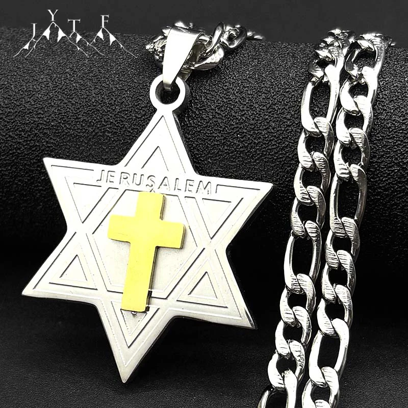 

Hexagram Star of David JERUSALEM Cross Pendant Necklace for Women Men Stainless Steel Silver Gold Color Amulet Jewish Jewelry