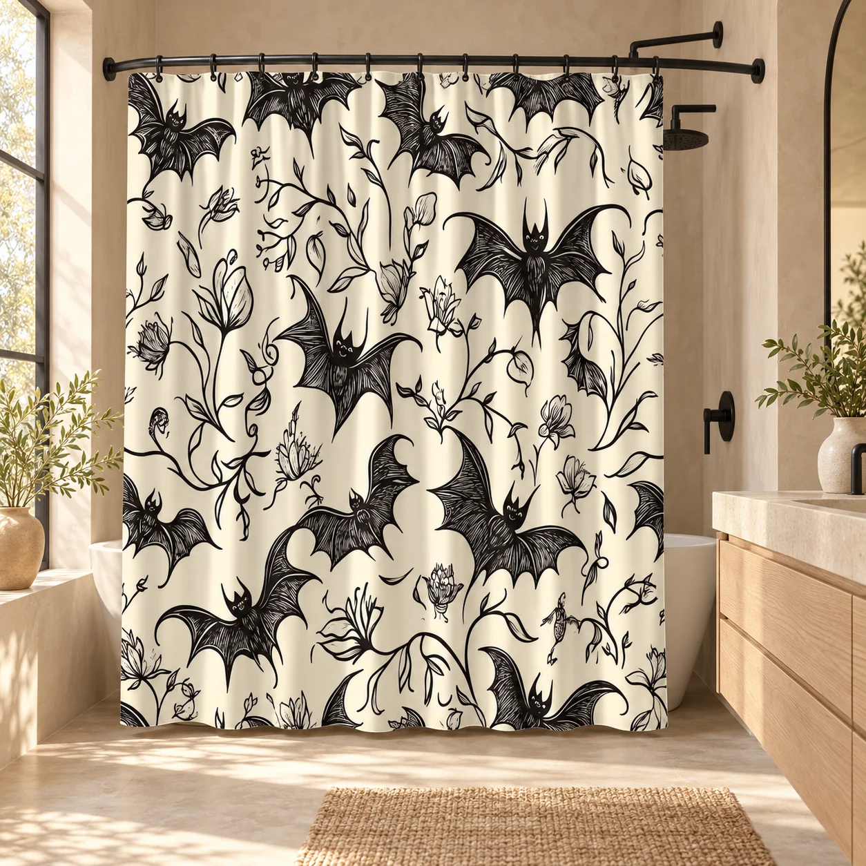 1/4Pcs Halloween Decoration Floral Bat Pattern Shower Curtain Bathroom Decor Halloween Decoration Indoor Shower Curtain