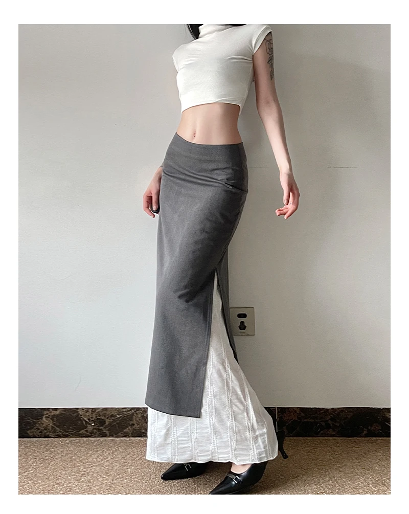المرأة ريترو رمادي تقسم Bodycon حورية البحر تنورة الجانب الشق تصميم أنيق سليم صالح عالية الخصر ميدي تنورة الخريف الشتاء