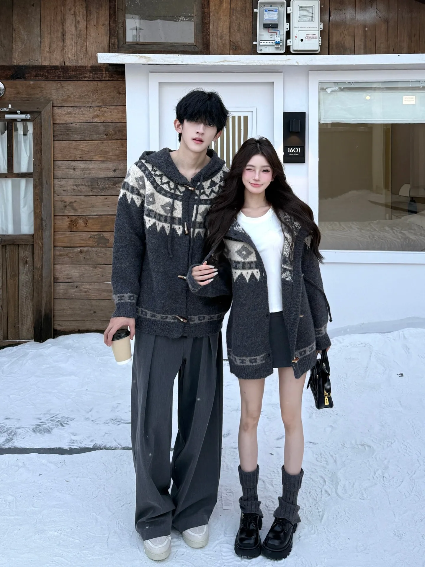 American Style Thickened Heavyweight Fair Isle Hooded Cardigan Sweater Unisex Couple's Autumn Winter Christmas Knittedwear