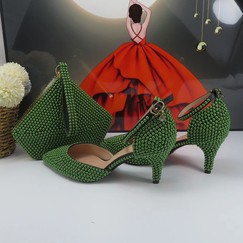 2023 New Arrival Olive Green Pearl Fashion Bridals Shoes bag Summer Sandals Woman Party High Heel Pointed Toe Sandals Female