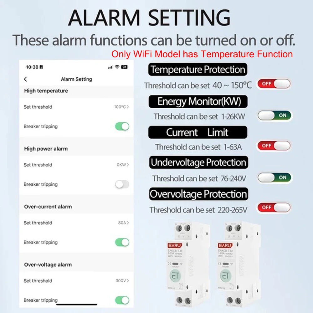 Adjustable Smart Circuit Breaker MCB 1-63A Energy Voltage Current Meter Protector Remote Control Switch