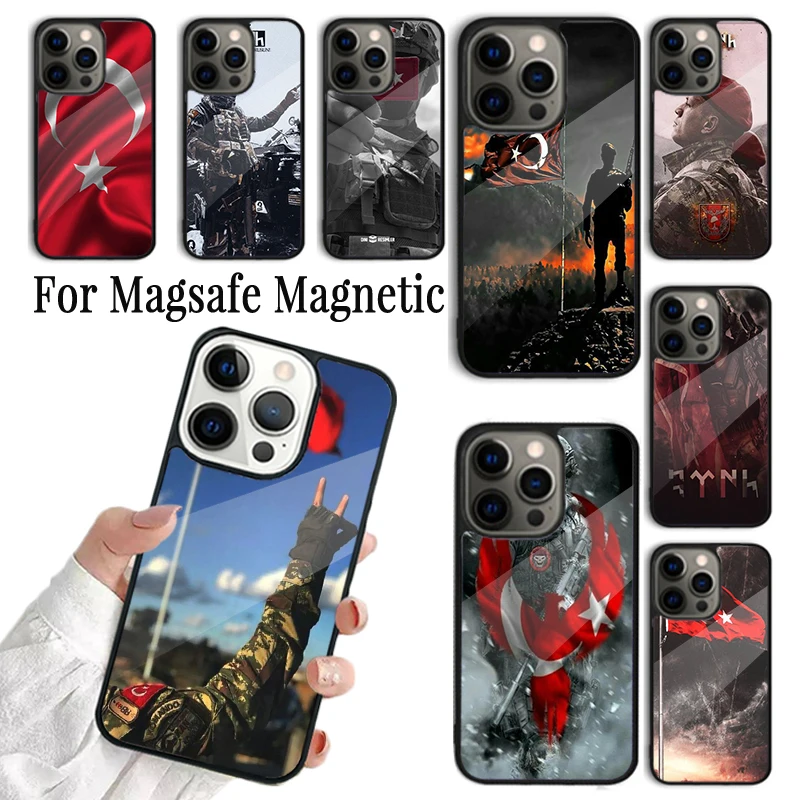 Coque Phone Case For iPhone 16 15 14 13 12 Mini 11 Pro Max Plus Magsafe Magnetic Wireless Charging Cover Turkish flag soldier