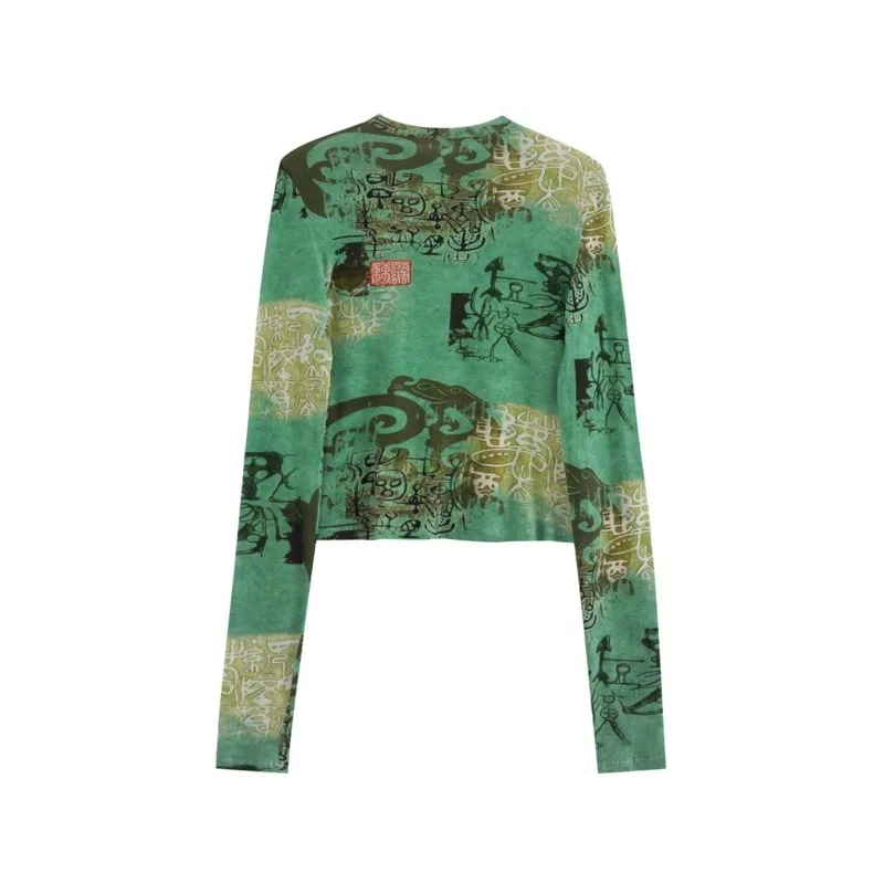 Tops T-shirts Women's Spring/Autumn Subculture Patterned Stretch Fitted Long-sleeved Niche Comfortable Versatile Chic Premium