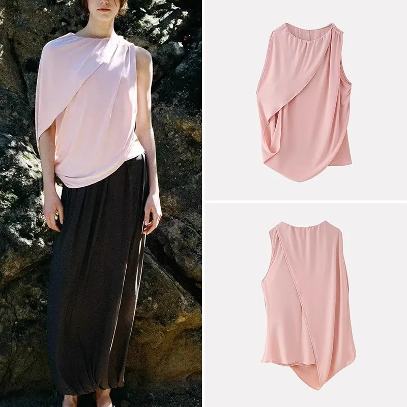

PRINTKAOIR 2025 Summer New Womens Fashion Simple Asymmetric Design Pleated Round Neck Sleeveless Elegant Blouse