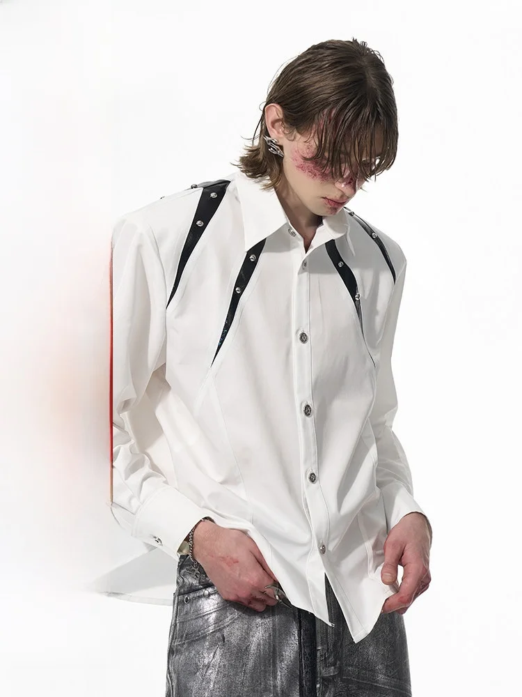 

Мужская рубашка StarTexceedend с длинным рукавом, декоративными металлическими заклепками и вставками, весна-лето, повседневная, дышащая, из полиэстера