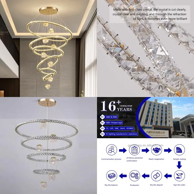 for Custom Hotel Big Ring Chandelier High Ceiling Luxury Hanging LED Stairs Round Modern Crystal Light