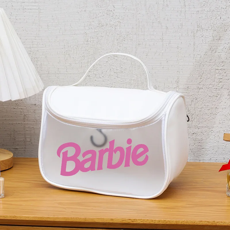 Kawaii Barbie Waterproof Cosmetic Bag Portable Large Capacity Transparent Wash Bag Travel PVC Scrub Cosmetics Storage Bag Gift