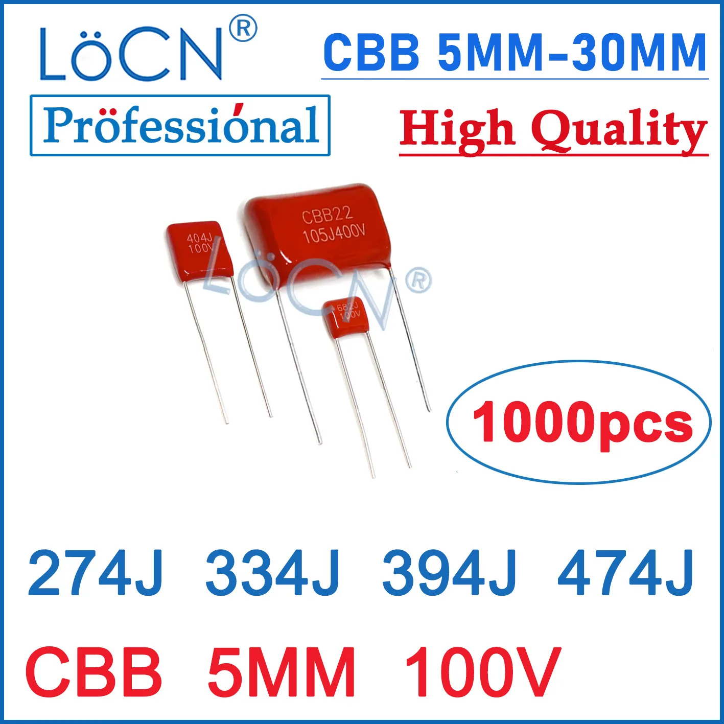 LoCN 1000PCS 5MM 100V 274J 334J 394J 474J 270NF 330NF 390NF 470NF P5 CBB Film Capacitors High Quality 5MM~30MM 100V~630V