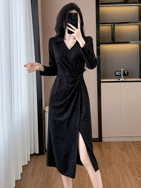 

Elegant Black Asymmetrical Long Dress Women's Autumn Winter Fashion High Waist Slim Fit Cotton Blend Long Sleeve V-Neck Dress