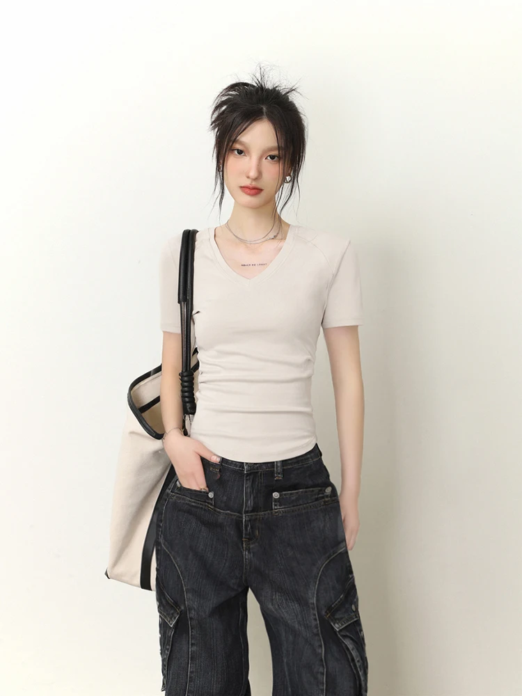 Slim Fit V-Neck Short Sleeve T-Shirt Women's Spring Summer Pure Color Pleated Inner Wear Short Base Shirt Waist-Cinching