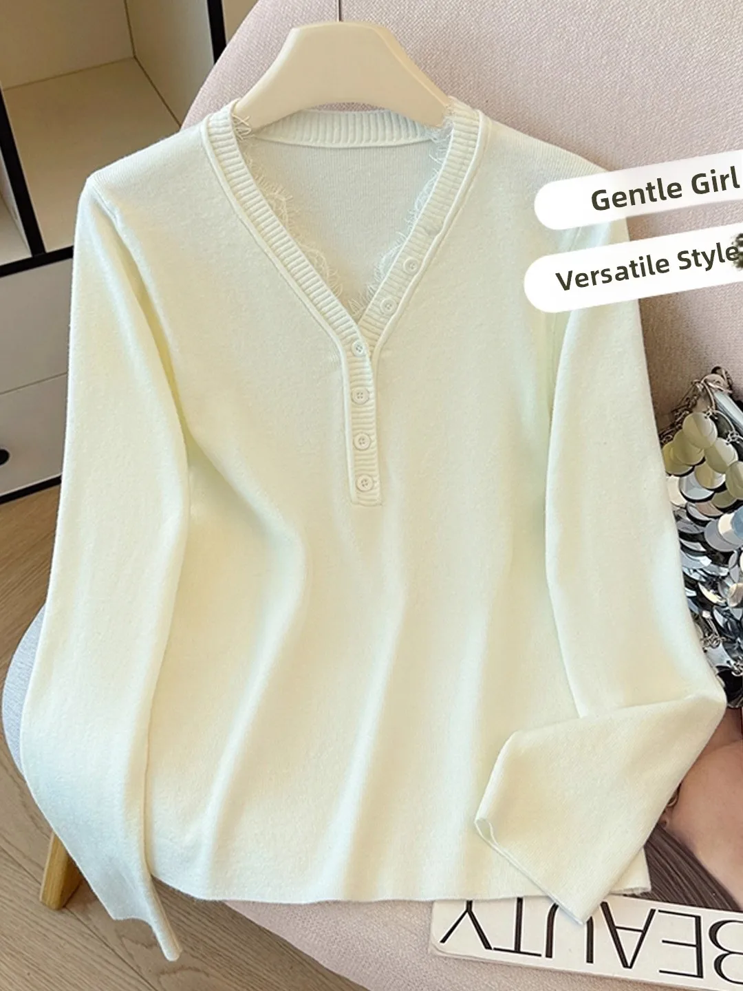 

Женский вязаный свитер Ele с V-образным вырезом и кружевными пуговицами, с длинными рукавами, осенне-зимний, базовый, универсальный, премиум-класса