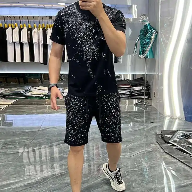 Men Sets Luxy Design With Rhinestones Tshirt & Shorts Men Sportswear Casual Tracksuit Men Quality Black Hot Drill  2-piece Suit