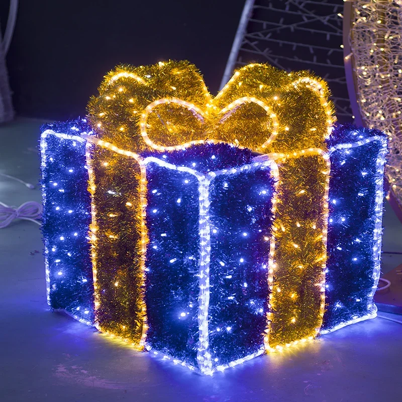 Holiday Outdoor 3d Led Gradient Color Hollow Out Gift Box Light Motif Lighting