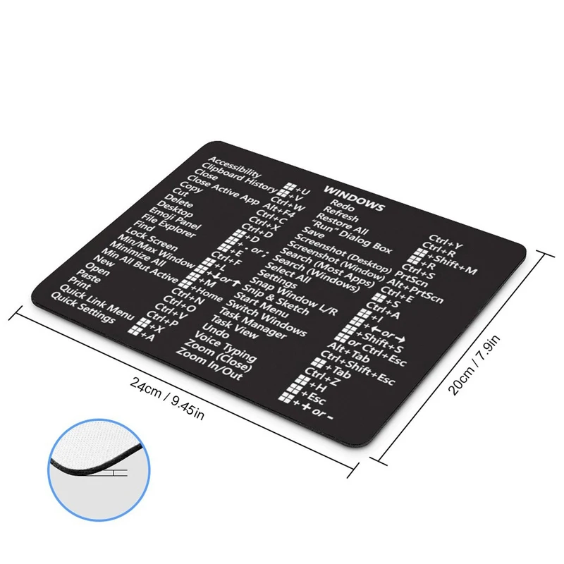 Black Windows 11 10 Word Excel Keyboard Shortcuts Mouse Pad Thickened 240X200X2mm Thick Computer Anti-skid Rubber Mouse Pad