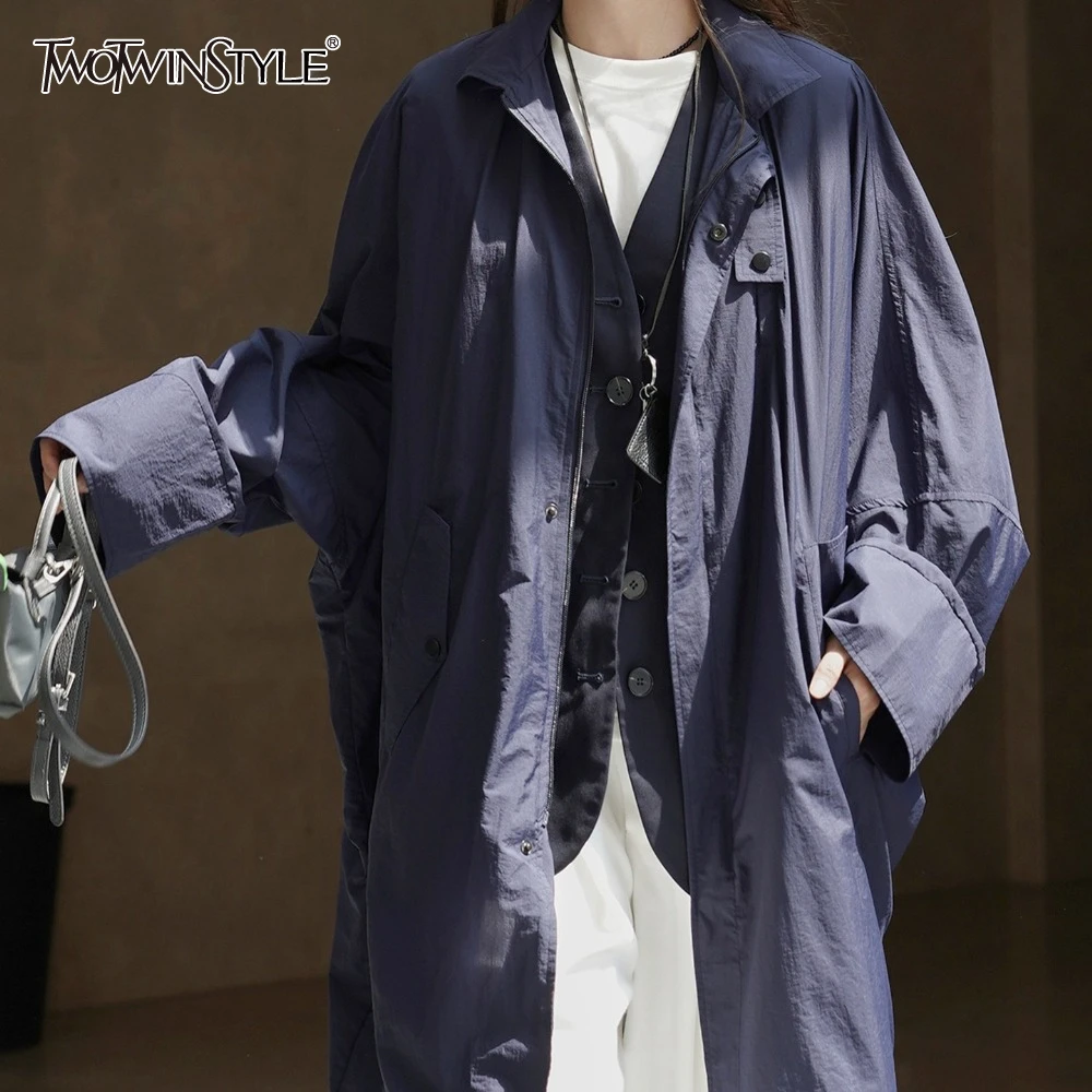 TWOTWINSTYLE Solid Spliced Zipper Korean Trench Female Lapel Long Sleeve Loose Normcore Women's Trenchs Autumn Style Fashion New
