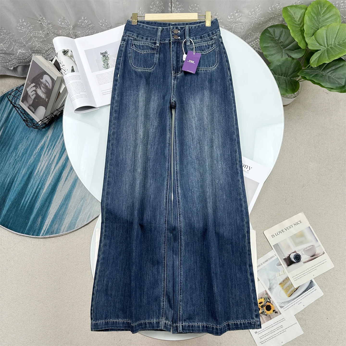 

American Style High Waist Wide Leg Jeans Women Loose Slimming Floor Length Straight Cut Spring Fashion Casual Cotton Pants