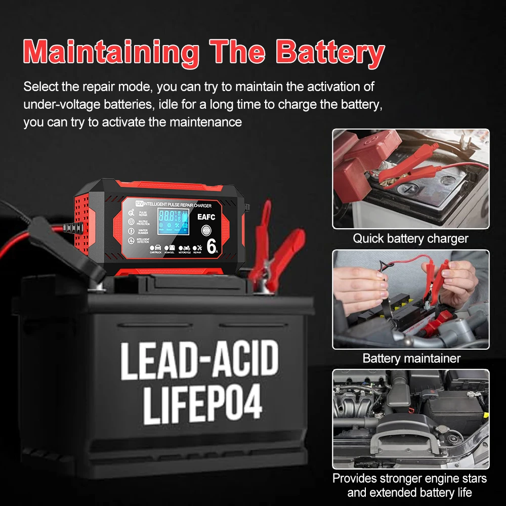 EAFC 12V 6A Large Screen Car Battery Charger Battery Puls Repair  Fast Charging Device Car Motorcycle AGM Gel Wet Lead Acid