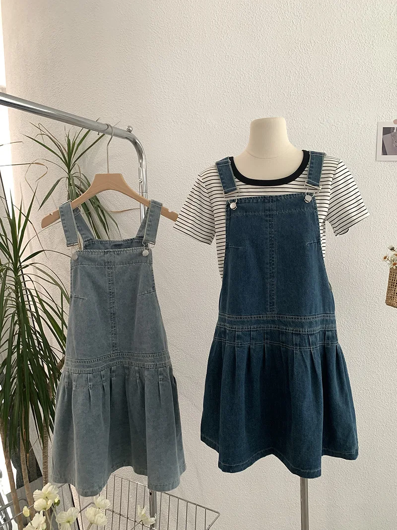 

Vintage Denim Strap Dresses For Women Summer New Versatile Sleeveless Sling Short Pleated Korean Style Loose Sundress Dress