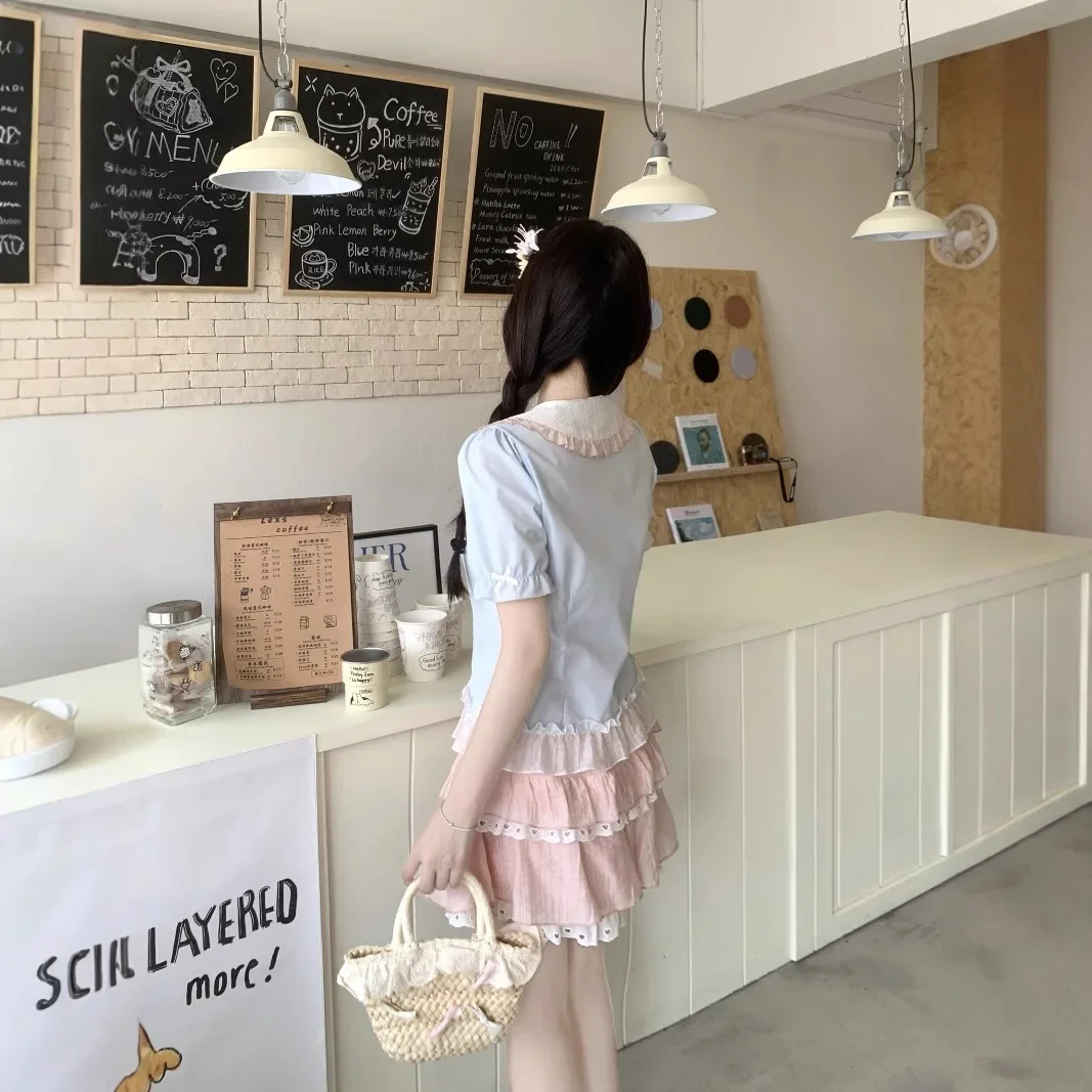 بالإضافة إلى حجم الحلو نمط Preppy الأزرق والوردي الاصطدام قميص أعلى بالإضافة إلى حجم المرأة الصيف الزي مجموعة مع كعكة تنورة قطعتين... #4