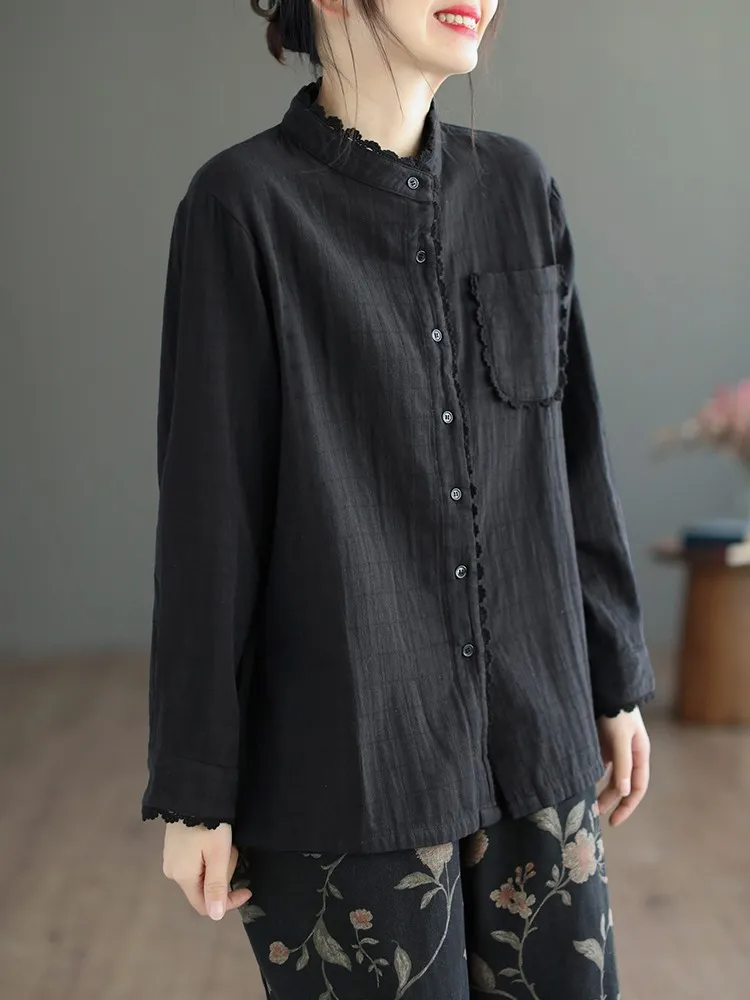 Women Long Sleeve Cotton Shirts New Arrival 2023 Spring Vintage Style Stand Collar Lace Loose Female Casual Tops Shirt B2232