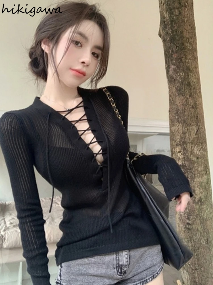 

Knitted Thin Pullovers Women Clothes Long Sleeve Tunic V-neck Jumper Bandage Hollow Out Sueter Fashion Sexy Sweater Pull Femme