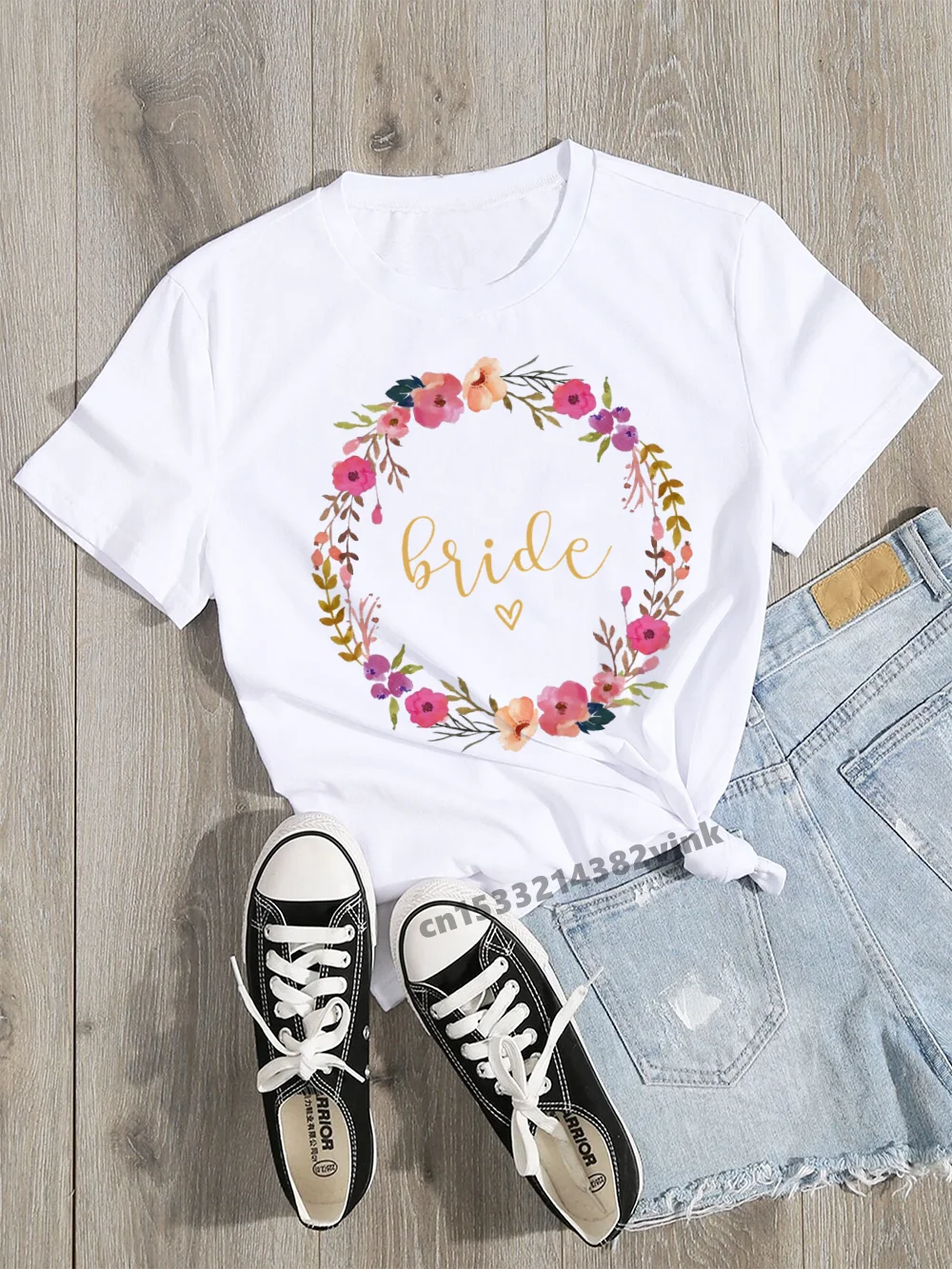 Team Bruid Bloem Krans Print Wedding Party Vrouwen Evjf Tee Shirt Casual Dames Basic O-Kraag Witte Korte Mouwen t-shirt Meisje