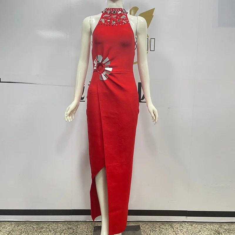 

Elegant round Neck Sleeveless Sequin Mesh Split Evening Gown Wrap Dress Midi Skirt Autumn Season Women's Fashion Citywalk