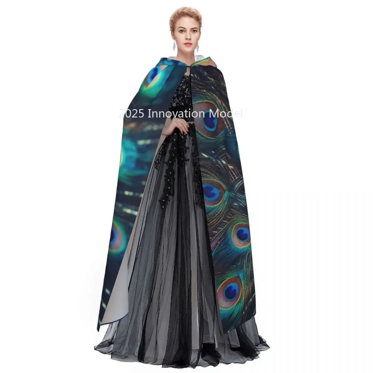 2025 신상 공작 깃털 망토 후드 중세 의상 마녀 위카 뱀파이어 할로윈 코스튬 드레스 코트