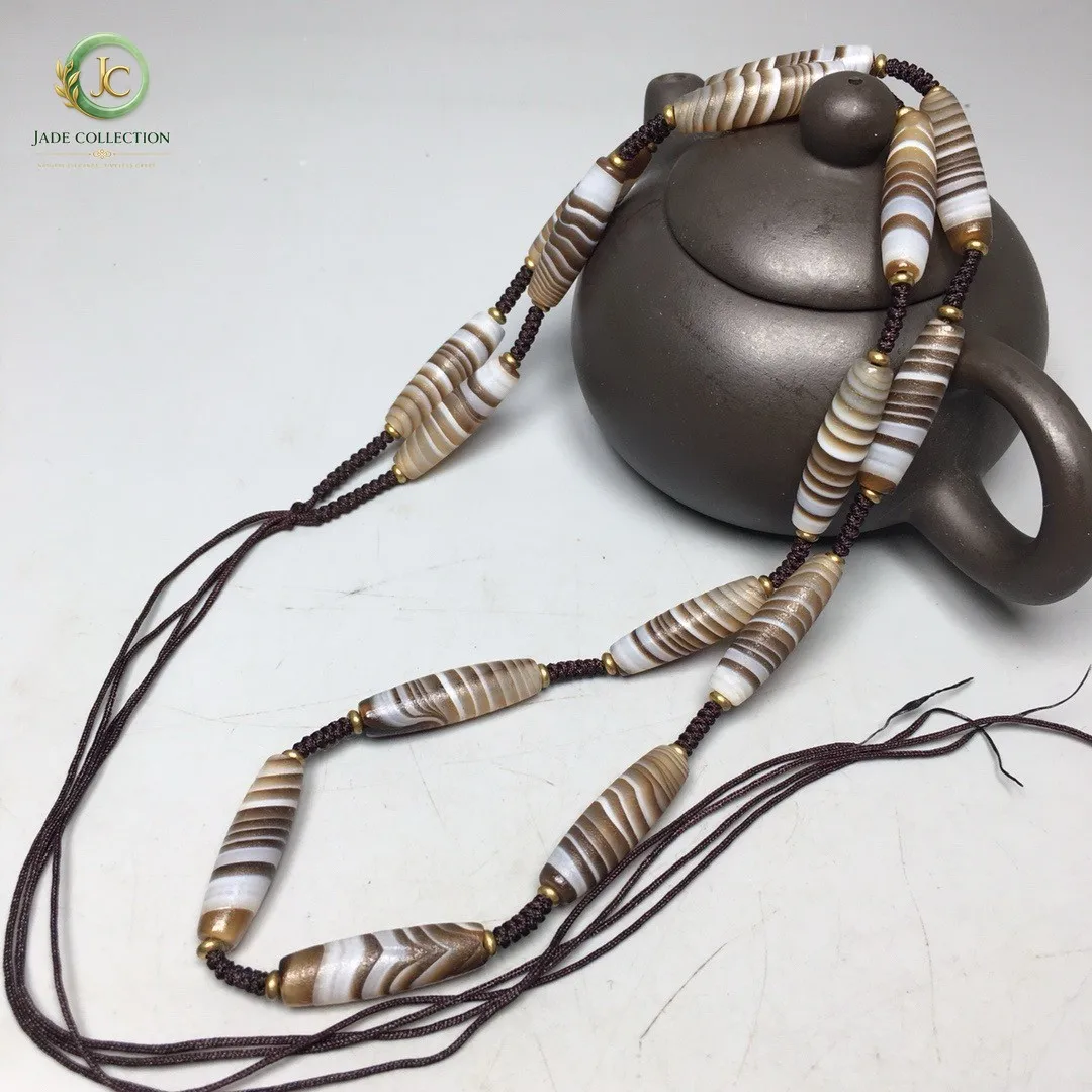 Tibetan Natural Old Agate Dzi Silkworm Lines Beads Amulet Necklace S0603