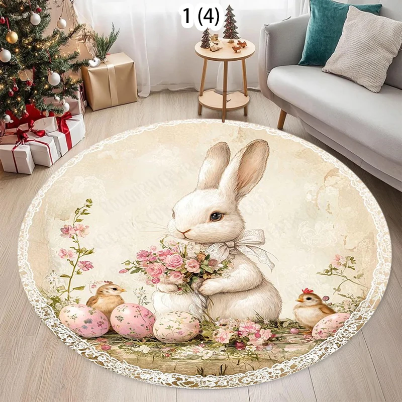 Vintage Osterhase Runder Teppich mit Blumen- und Ei-Mustern Weicher Rutschfester Bodenteppich für Kinderzimmer Wohnzimmer