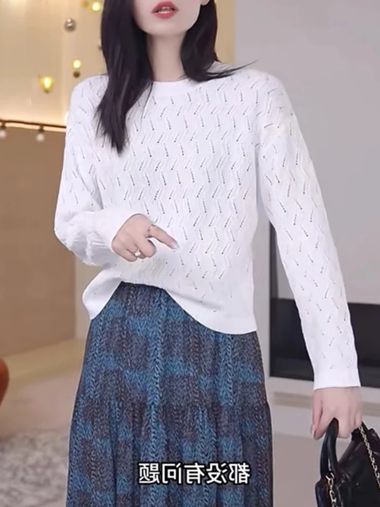 بلوزة نسائية بياقة مستديرة من الصوف بأكمام طويلة وتصميم نحيف لربيع 2024 بأسلوب كوري عصري #3