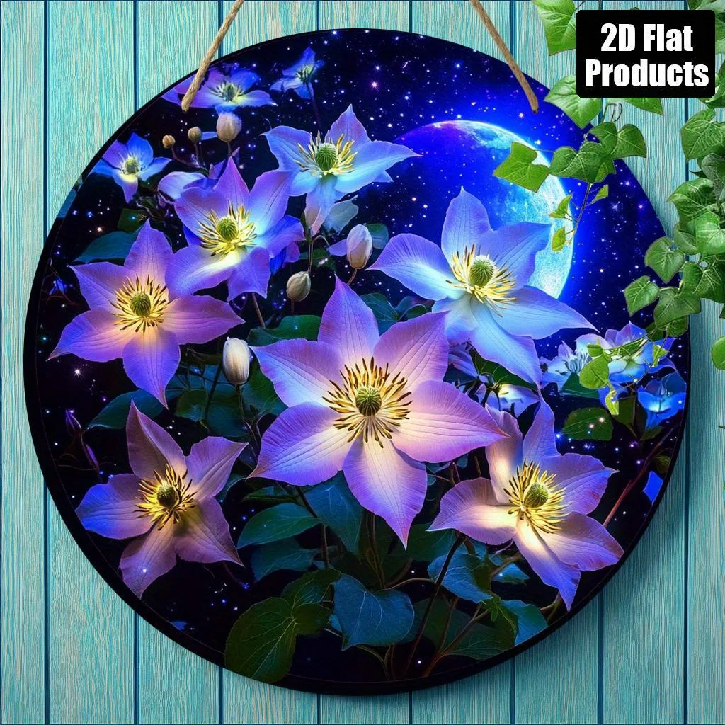 HD-Blechschild mit leuchtenden lila Clematis-Blumen und sternenklarem Mondnacht-Design, 2D flache himmlische Blumen-Wanddekoration
