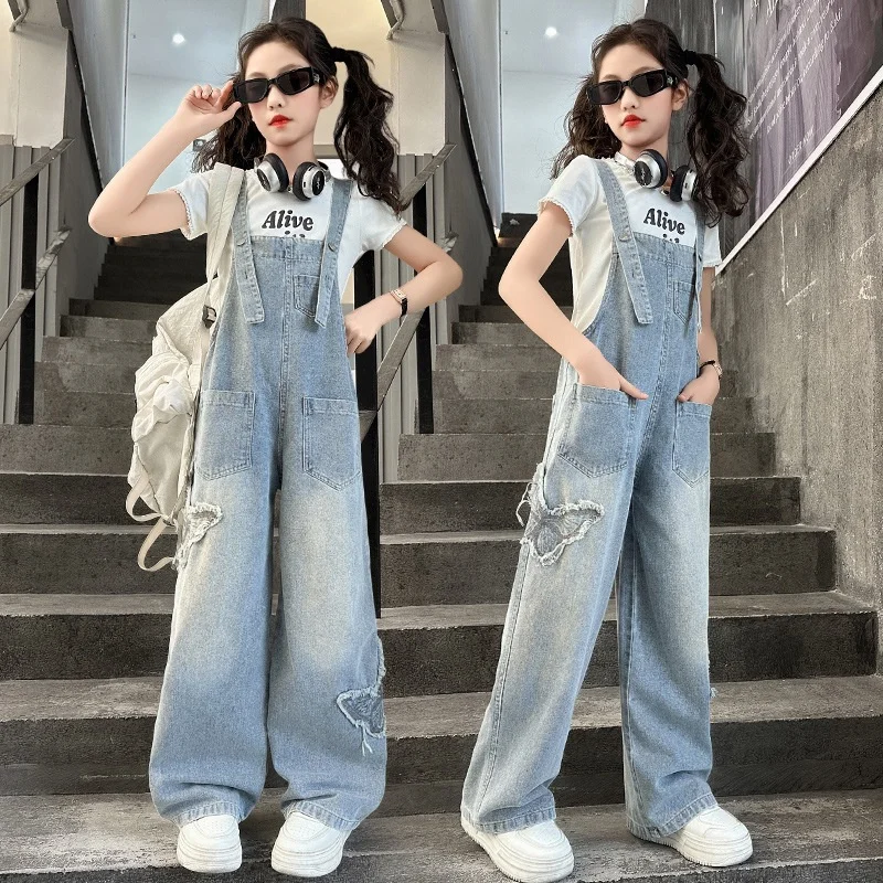 

Girls Denim Jumpsuit New Children Butterfly Applique Overalls Kids Autumn Casual Loose Pants Teenager Spring Fashion Clothing