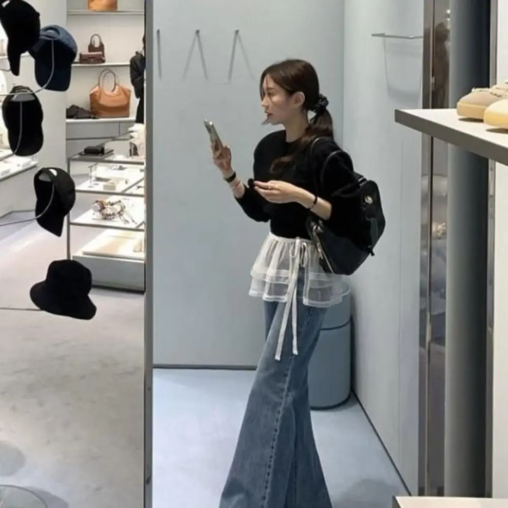 Rok Mini Renda Balletcore Fashion Y2k Rok Ruffle Gaya Korea Gadis Tirai Bokong Bunga Pinggang Tinggi