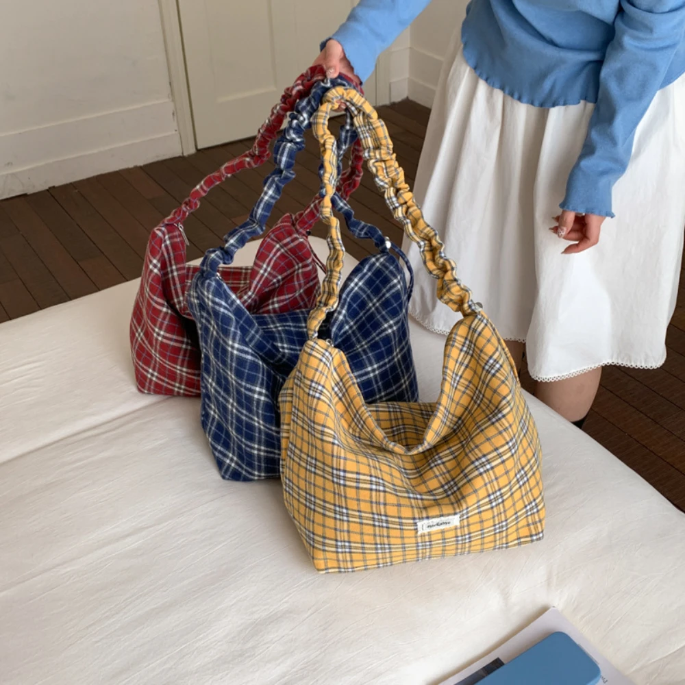 Vintage Preppy Style Plaid Cloth Shoulder Bag Wrinkled Shoulder Strap Handbag Women's Korean Style Large Capacity Cross-body Bag