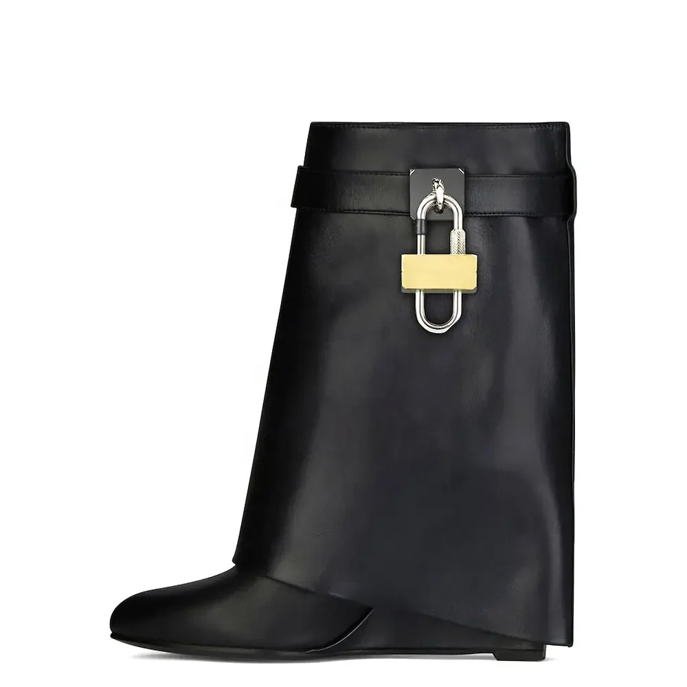 Spring Autumn New Style Wide Barrel Foldable Shark Boots Leisure Fashionable High Heeled Mid Calf  Boots Party Banquet Shoes