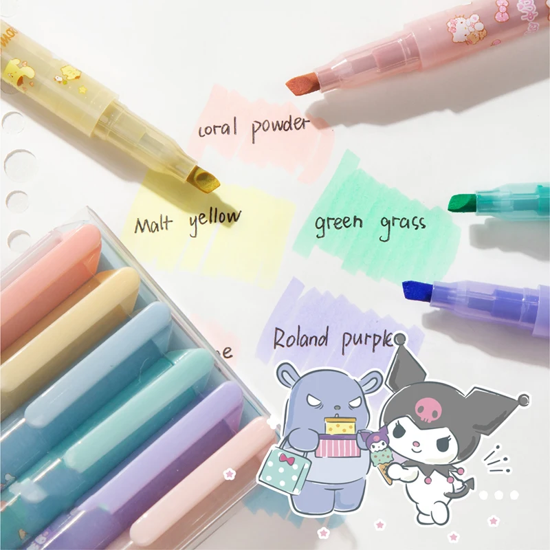 6pcs Sanrio Cartoon Kawaii Limited Cartoon Highlighter Super Soft Head Eye Protection Color Students Must Hand Graffiti Pen