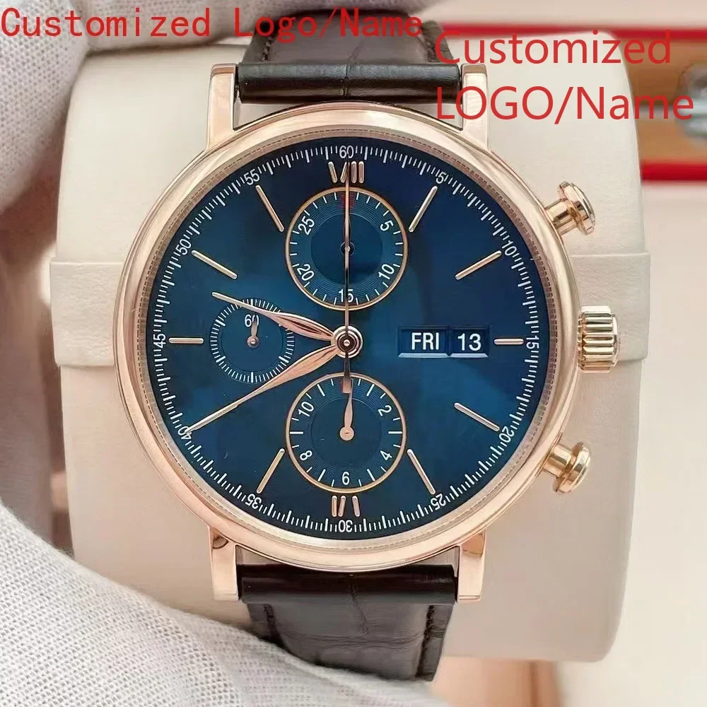 Calendário mostrador romano safira luxo novos homens relógio mecânico automático de aço inoxidável preto azul relógios de couro personalizado